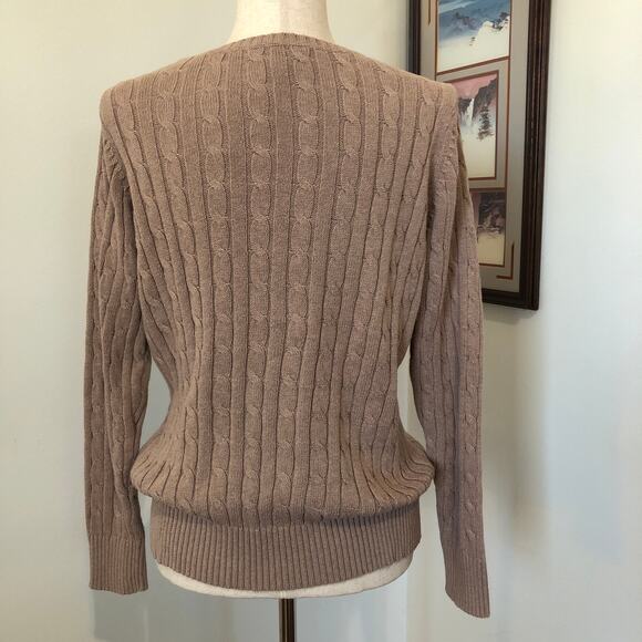 VTG 90s Taupe Cable Knit V-Neck Sweater Quiet Luxury Classic Preppy Tag L Fits M - Picture 5 of 9